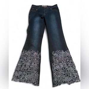 Floral Embroidered Wide Leg Jeans - Dark Blue
